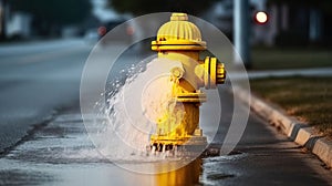 Hydrant Yellow Splashdown. Close-up of Street Flooding. Generative AI
