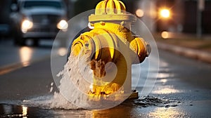 Hydrant Yellow Splashdown. Close-up of Street Flooding. Generative AI