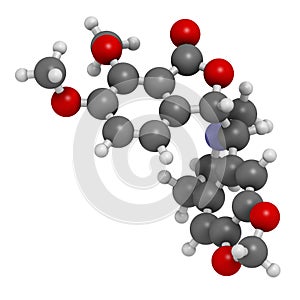 Hydrastine herbal alkaloid molecule, found in Hydrastis canadensis (goldenseal). 3D rendering. Atoms are represented as spheres