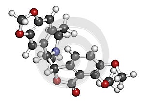 Hydrastine herbal alkaloid molecule, found in Hydrastis canadensis (goldenseal). 3D rendering. Atoms are represented as spheres photo