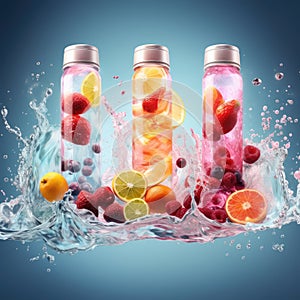 Hydration Elation: Dynamic Assembly in Soft Light, Vibrant Mixing Action, Textured Ingredients, Sporty Bottles with Ice and Fruit