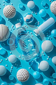 Hydration and Exercise Essentials Sports Balls, Water Bottles, and Hydration on Vibrant Blue Background, Stay Active and Refreshed photo