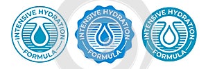 Hydration icon, moisturizing water drop vector logo for cosmetic products package. Intensive hydration effect formula icon for