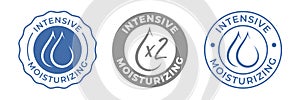 Hydration moisturizer icon, moisturizing water drop vector logo for cosmetic hydrate cream. Intensive double hydration effect