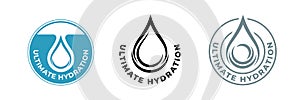 Hydration water drop icon, moisturizing skincare cosmetic products, vector package logo. Ultimate hydration effect formula icon