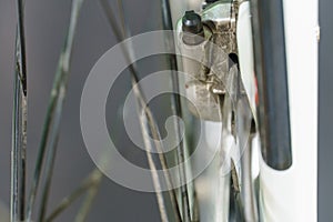 hydraulic brake of a bicycle close-up. Mountain bike repair in the workshop