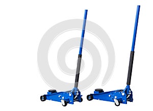 Hydraulic car floor jacks isolated on white background. Car Lift. Blue Hydraulic Floor Jack For car Repairing. Extra safety measur