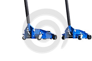 Hydraulic car floor jacks isolated on white background. Car Lift. Blue Hydraulic Floor Jack For car Repairing. Extra safety measur