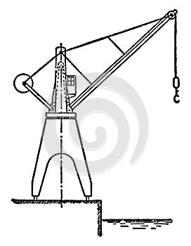 Hydraulic Dockside Jib Crane, used inside workshops, vintage engraving