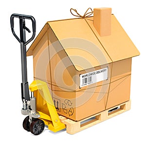 Hydraulic hand pallet truck with cardboard house parcel. Residential Moving concept, 3D rendering