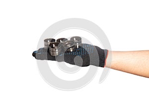 Hydraulic lifters in the hand of a car mechanic minder on a white background, isolate. Close-up