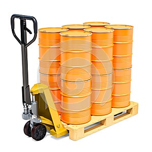 Hydraulic pallet truck with yellow barrels, 3D rendering