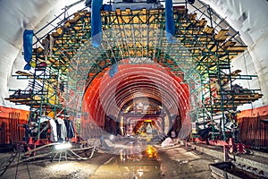 Hydro isolation preparation during of new railway tunnel construction. Railway corridor construction. Waterproofing preparation