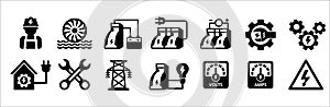 Hydro power electricity icon set. Power related icons. Green energy vector icons set. Renewable hydro power generator symbol.