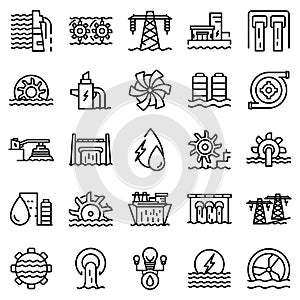 Hydro power icons set, outline style