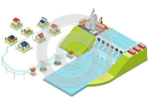 Hydro power plant. 3D isometric electricity concept