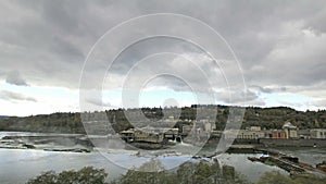 Hydro Power Plant at Willamette Falls Lock in Oregon City at Fall Season with Stormy Clouds Time Lapse