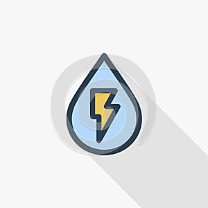 Hydro Power thin line flat color icon. Linear vector symbol. Colorful long shadow design.