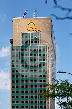 Hydro-Quebec sign on headquarter building exterior wall, Montreal