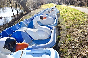 Hydrobikes or water bikes with duck shape near the park lake waiting tourists for fun