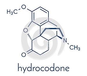 Hydrocodone narcotic analgesic drug molecule. Also used as cough medicine. Skeletal formula.