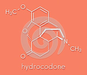 Hydrocodone narcotic analgesic drug molecule. Also used as cough medicine. Skeletal formula.