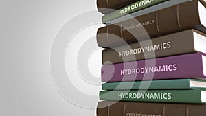 HYDRODYNAMICS title on the stack of books, conceptual 3D rendering