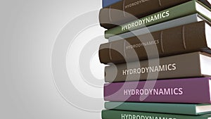 HYDRODYNAMICS title on the stack of books, conceptual loopable 3D animation