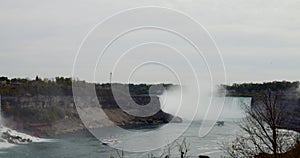 Hydrodynamics of turbulent water flow at Niagara Falls. Majestic view from afar reflects majesty of waterfall and its