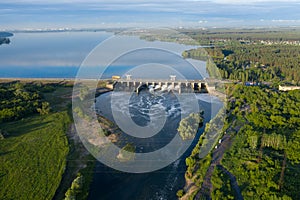Hydroelectric dam or hydro power plant on river, aerial panoramic view