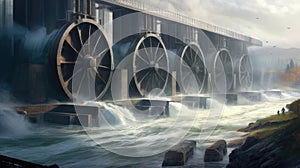 A hydroelectric dam with rushing water turning turbines, showcasing the utilization of water\'s kinetic energy for power