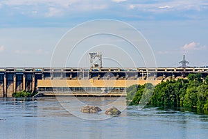 Hydroelectric power plant on the Dnieper river in Zaporozhye Dneproges, Ukraine. View from island Khortytsya