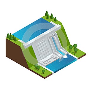 Hydroelectric Power Plant. Factory Electric. Water Power Station Dam Electricity Grid Energy Supply Chain. Flat 3d photo