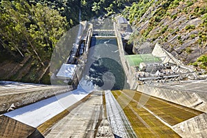 Hydroelectric power station and dam viewed from above. Sil river