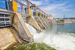 Hydroelectric power station on the Dniester River in Dubossary, Moldova. Hydro power plant that does not work due to