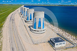 Hydroelectric power turbines at Gardiner Dam by Lake Diefenbaker, Saskatchewan, Canada, drone shot