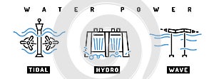 Hydroelectric, tidal, wave power station. Vector icons set.