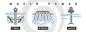 Hydroelectric, tidal, wave power station. Vector icons set.