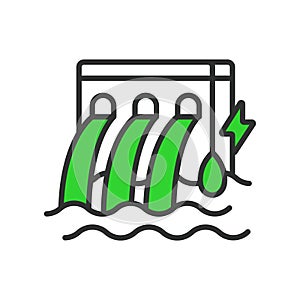 Hydroelectricity, in line design, green. Hydroelectricity, hydroelectric, power, water, energy on white background photo