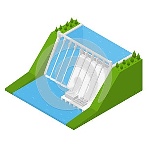 Hydroelectricity Power Station Isometric View. Vector photo