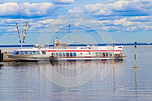 Hydrofoil boats moored at the open coast of Gulf of Finland, in Peterhof, Russia