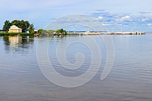 Hydrofoil boats moored at open coast of Gulf of Finland  in Peterhof (suburb of St. Petersburg)  Russia