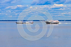 Hydrofoil boats sailing on Gulf of Finland near St. Petersburg, Russia