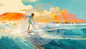 Hydrofoil surfer at sunset, vibrant colors, dynamic motion