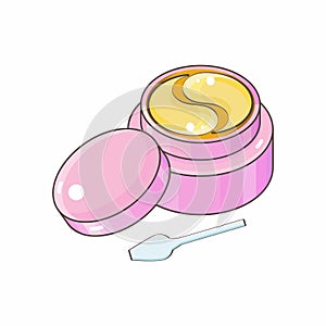 Hydrogel golden cosmetic eye patch in a pink jar. Cosmetic product for skin. Patches under the eyes. ollagen mask. Korean