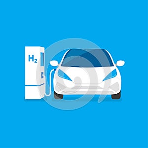 Hydrogen car and energy refill concept. Blue car on the H2 station, connected to the hydrogen source.