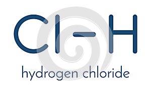 Hydrogen chloride HCl molecule, chemical structure. Highly corrosive mineral acid; Acid component of gastric juice stomach acid