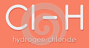 Hydrogen chloride HCl molecule, chemical structure. Highly corrosive mineral acid; Acid component of gastric juice stomach acid