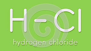 Hydrogen chloride (HCl) molecule, chemical structure. Highly corrosive mineral acid; Acid component of gastric juice (stomach acid