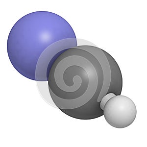 Hydrogen cyanide (HCN) poison molecule. Has typical almond-like odor. Atoms are represented as spheres with conventional color